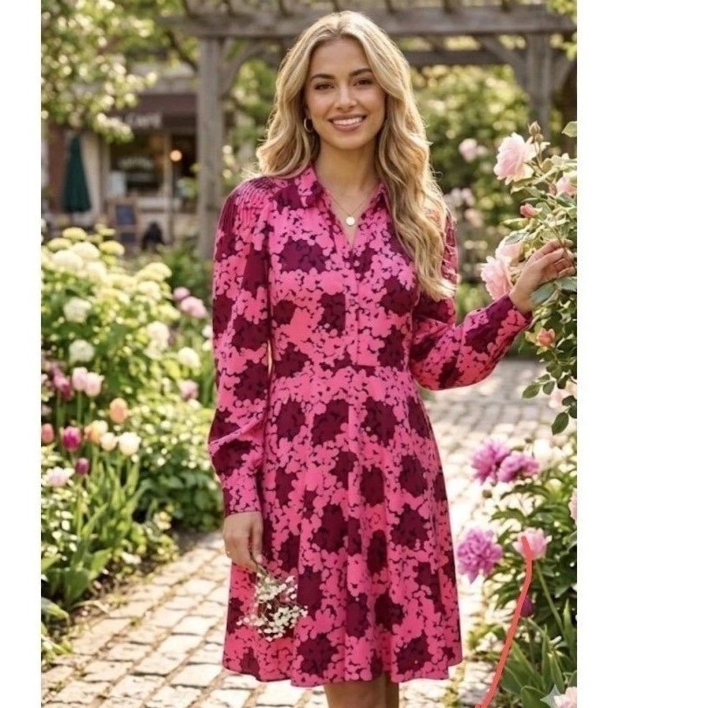 Kate Spade New York Womens Sz 0 Dress Pink Smocked Bubble Dot Long Sleeve Floral